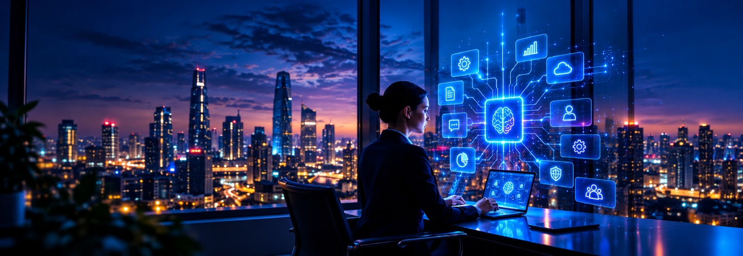 A person working with a luminous Agentic AI planning interface