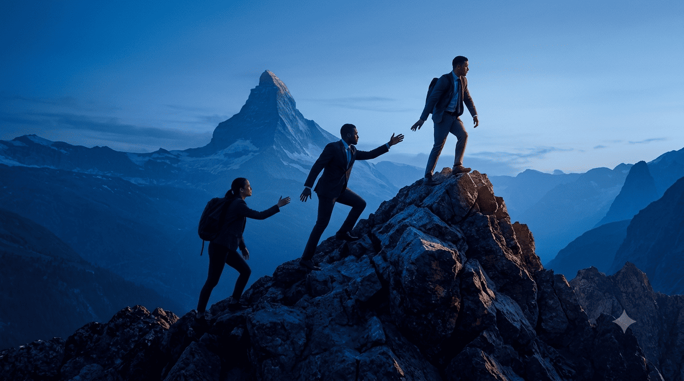 Mountain climbers reaching a summit together