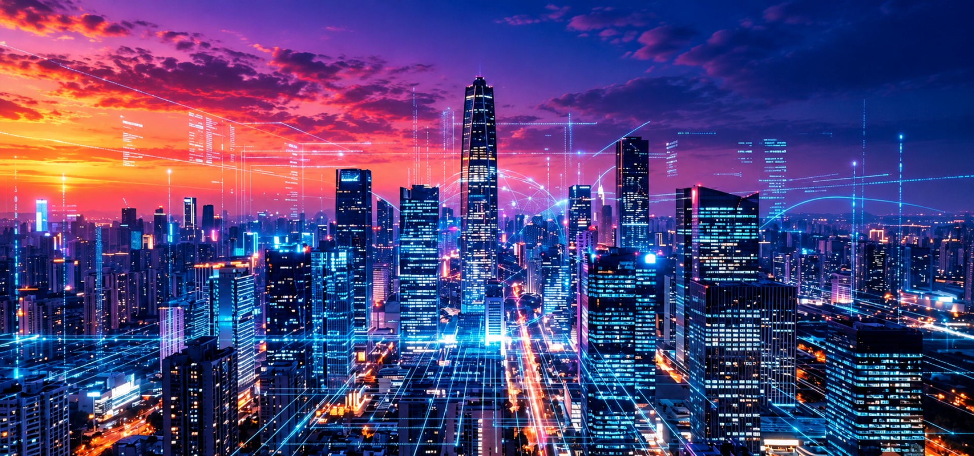 Business leaders looking out over a connected city at sunset