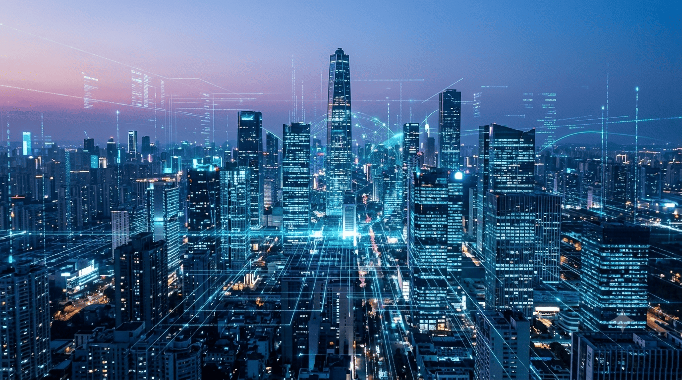 Illuminated city skyline at dusk