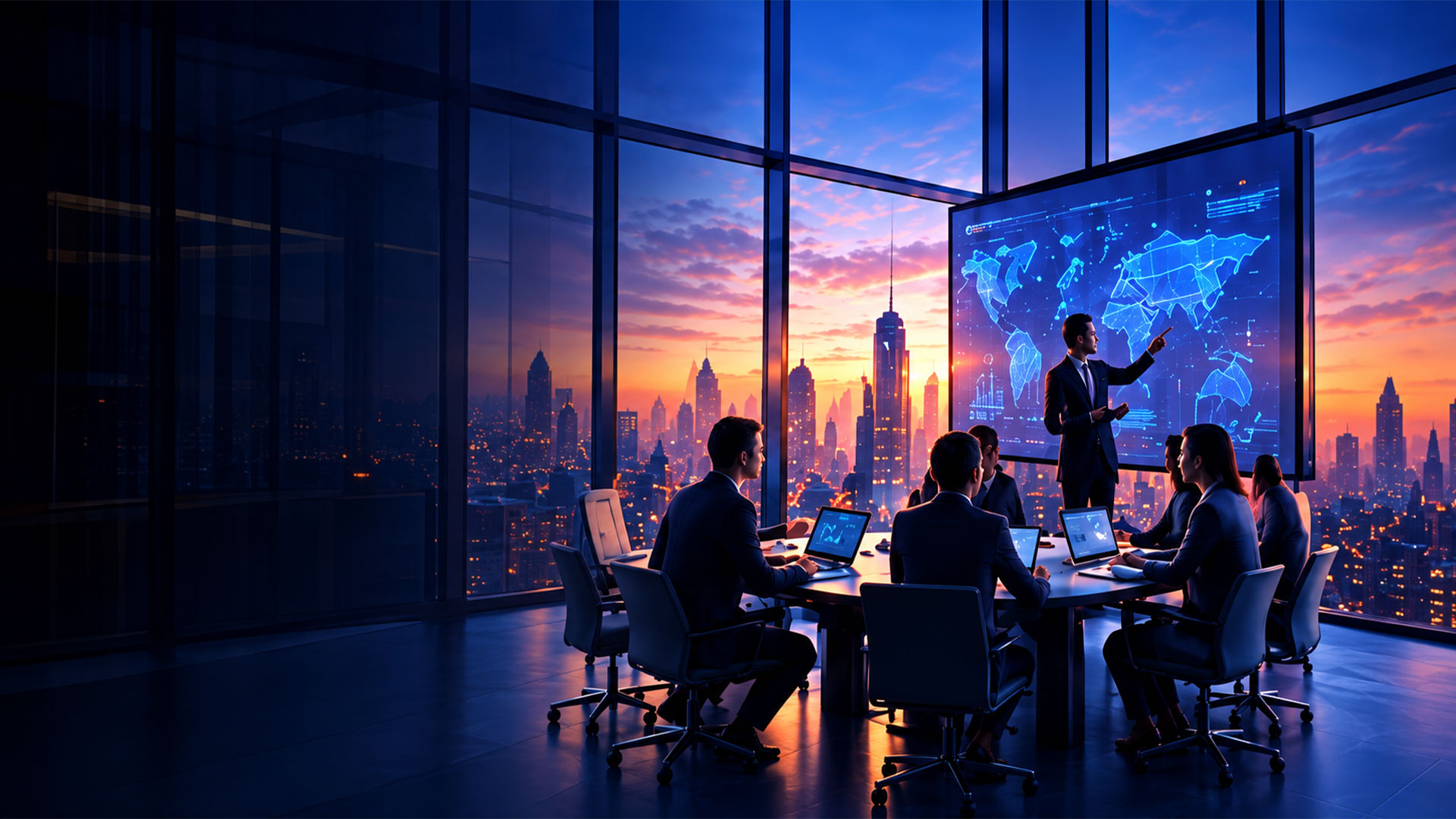 Business team planning together in a modern office overlooking a city